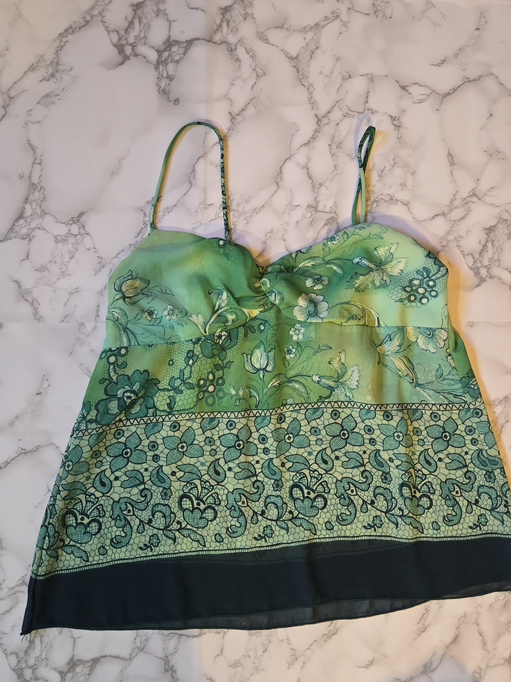 Vintage Y2K Green Teal Floral Mesh Sheer Babydoll Cami Top Fairycore Small EUC